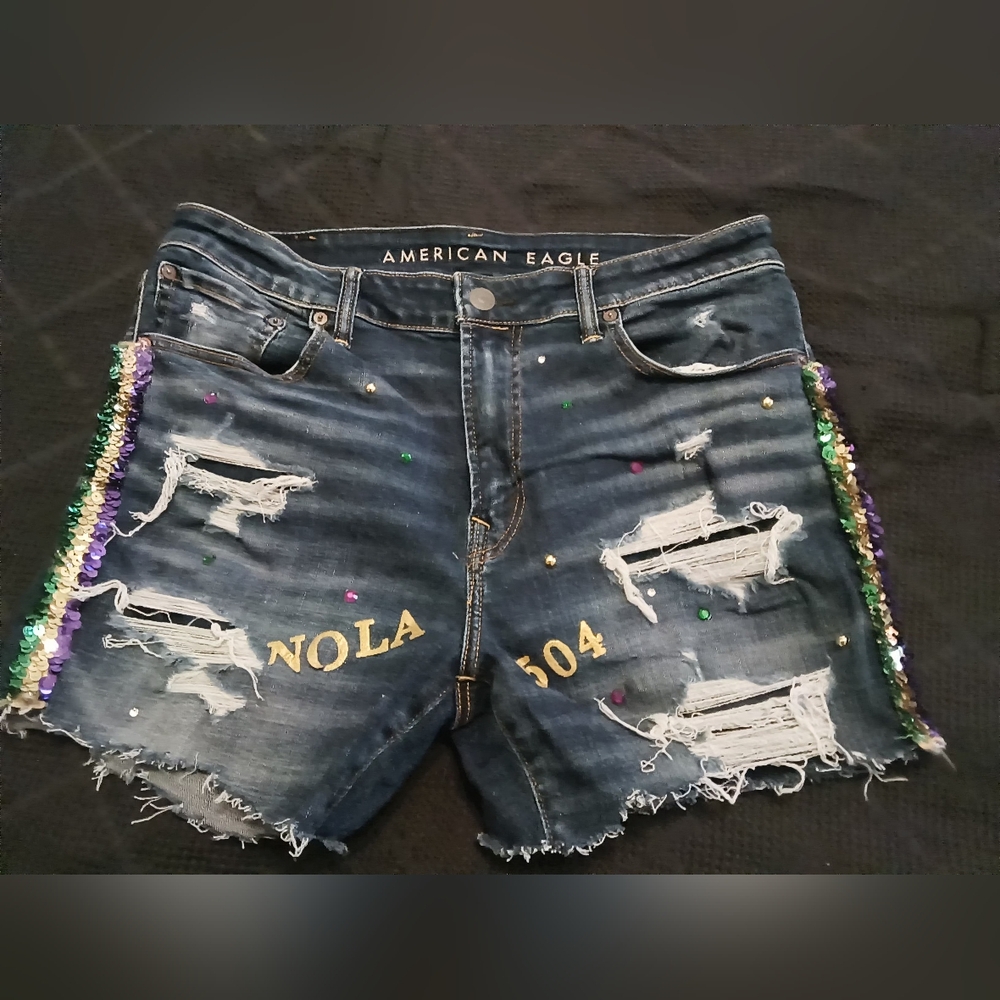 Customized Distressed Denim Shorts with Mardi Gras Decor